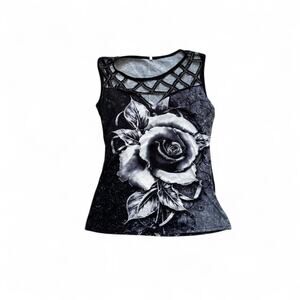 Black & White Y2K Rose Tank Top, Small